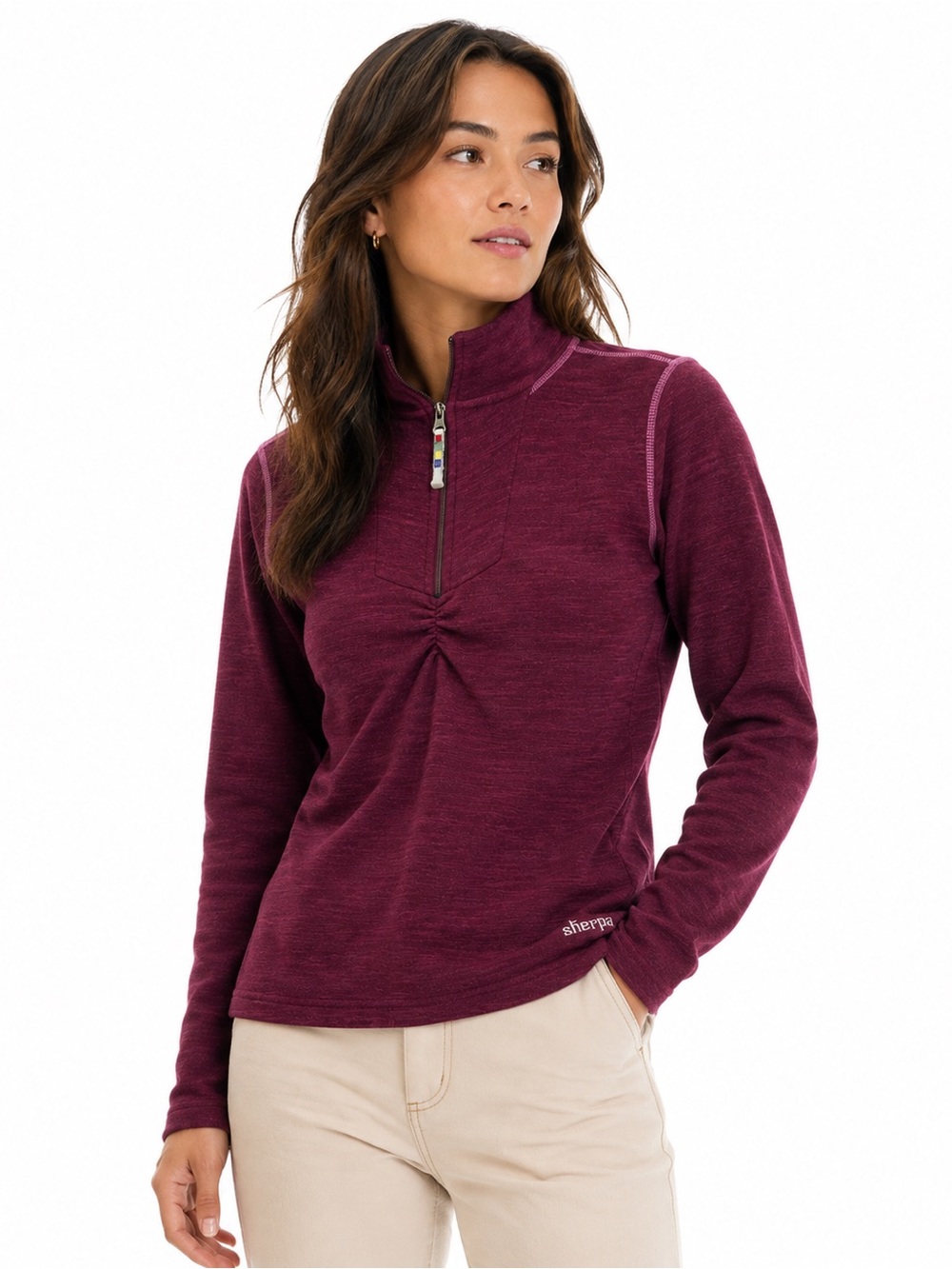 Sherpa Adventure Gear Womens XS Merino Wool Quarter Zip Ruched Pullover Burgundy